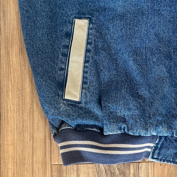 VTG Lee Denim & Beige Bomber Jacket with"OGE"& "POWER DELIVERY CONSTRUCTION" XXL - Picture 5 of 10